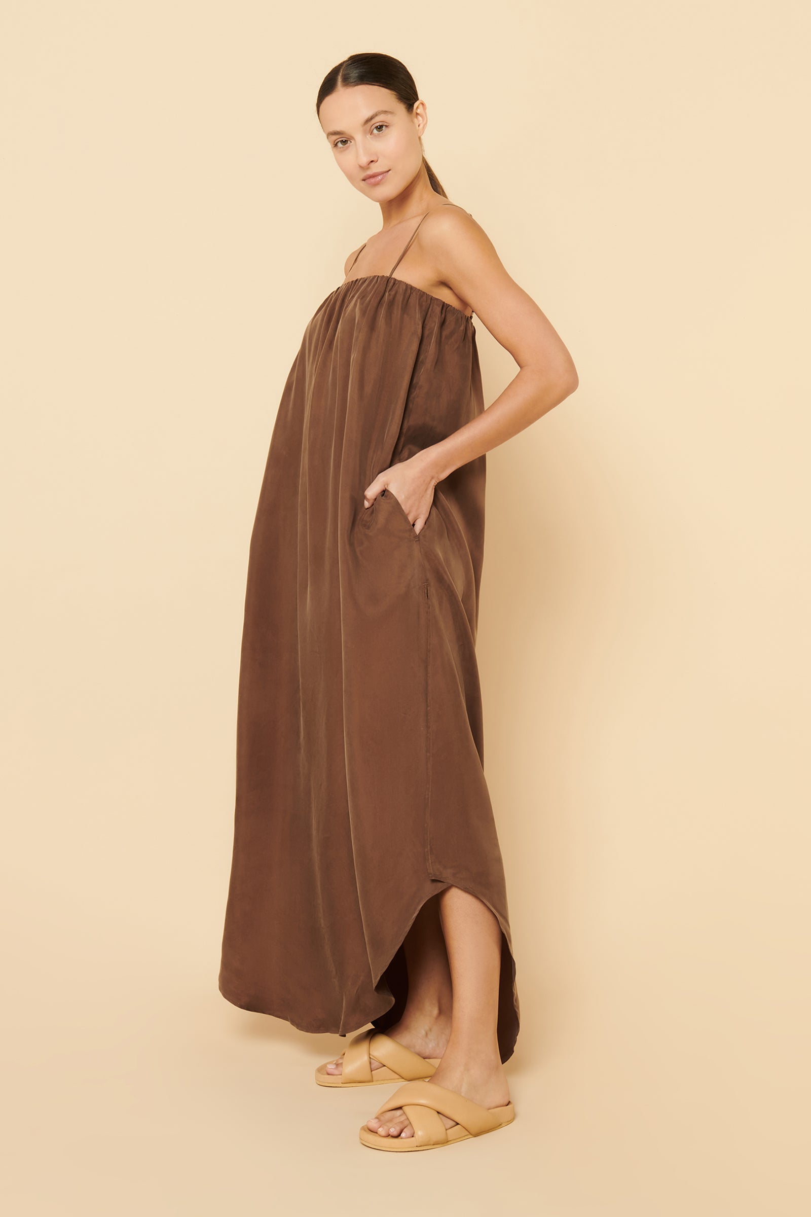 Nude Lucy Tia Cupro Maxi Dress In a Brown Chocolate Colour