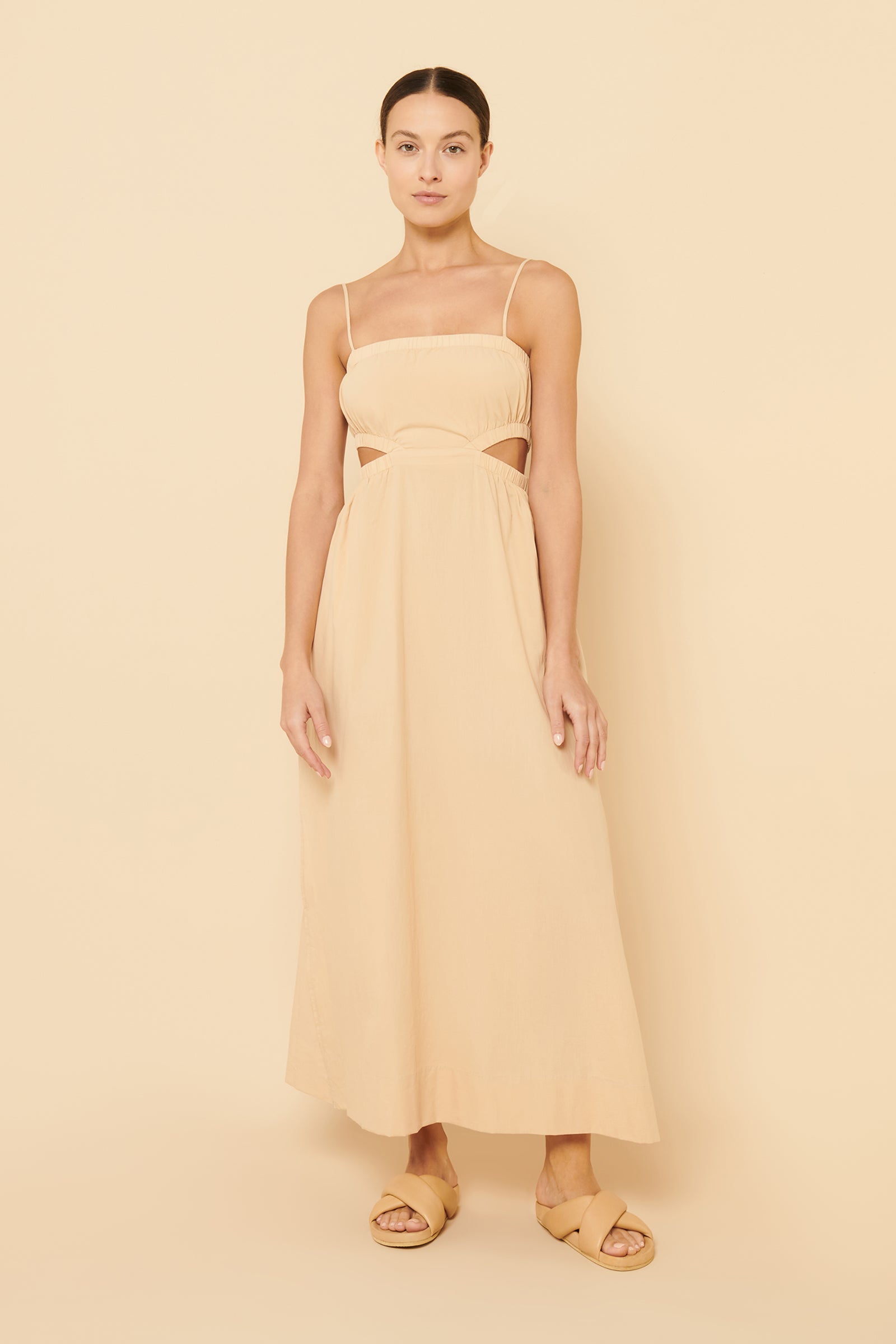Nude Lucy Rana Cut Out Maxi Dress In A Light Brown Latte Colour 