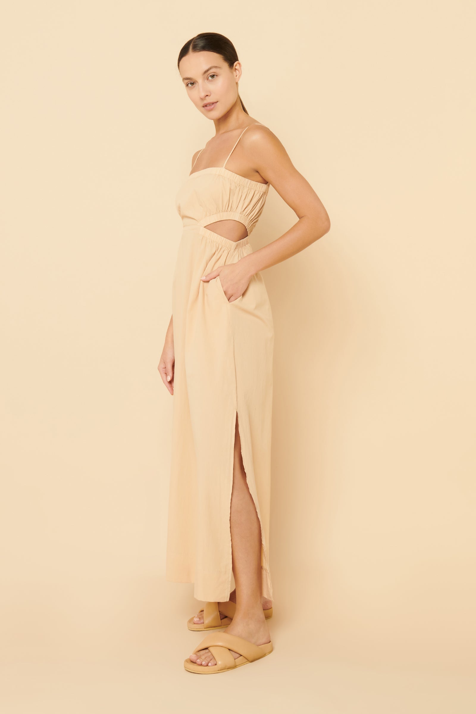 Nude Lucy Rana Cut Out Maxi Dress In A Light Brown Latte Colour 
