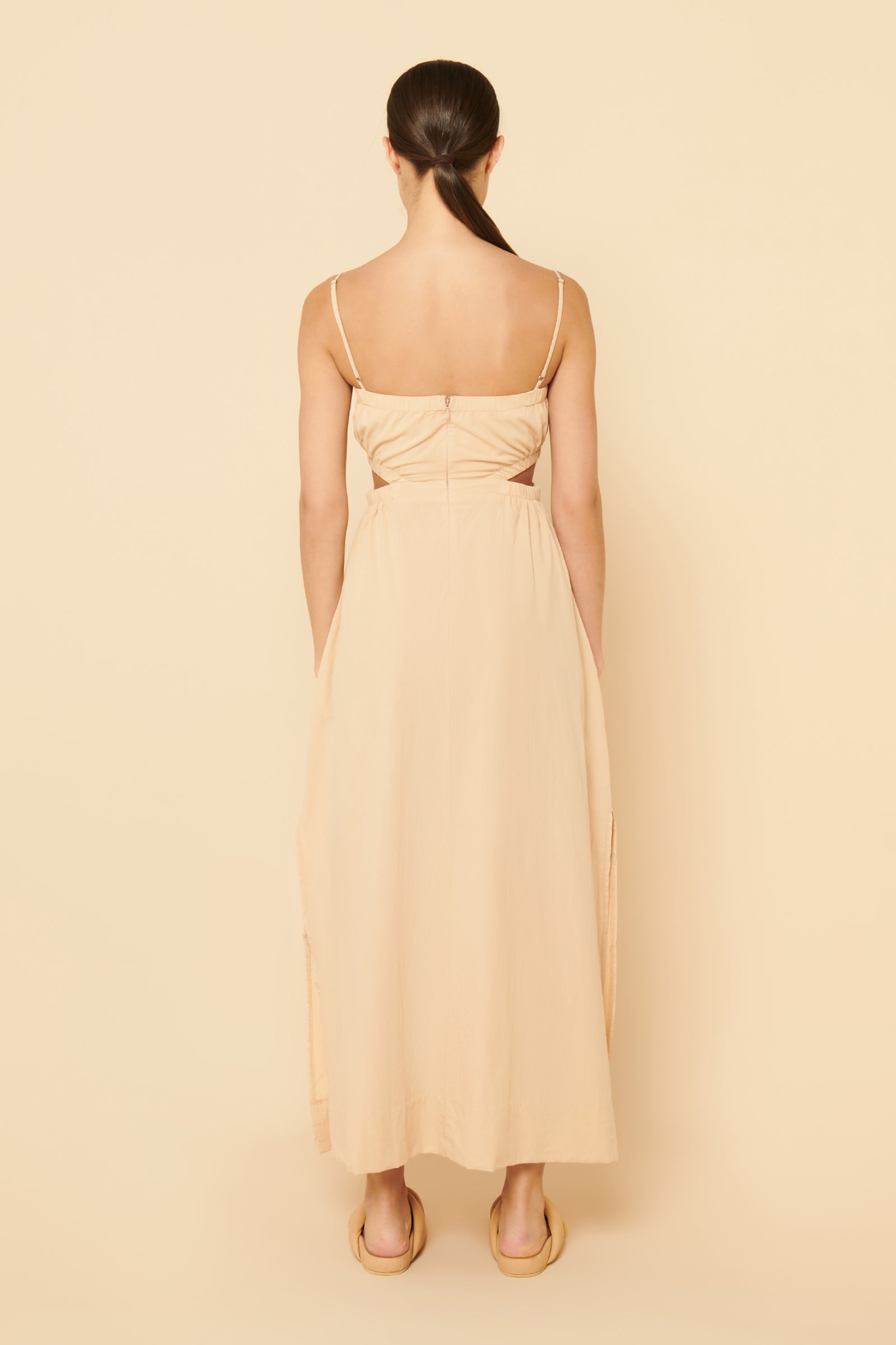 Nude Lucy Rana Cut Out Maxi Dress In A Light Brown Latte Colour 