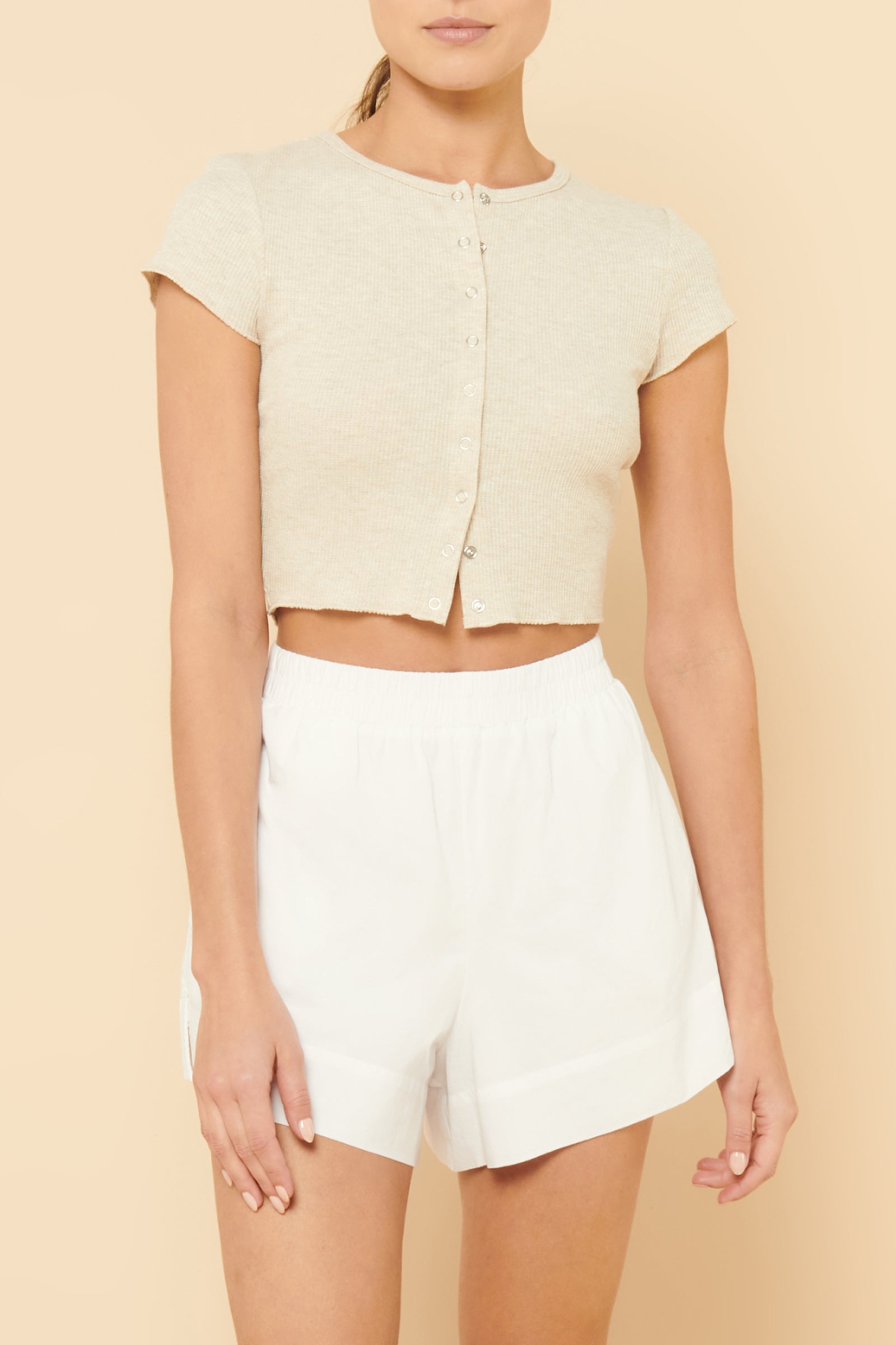 Nude Lucy Dylan Button Front Waffle Tee Cream in Marle