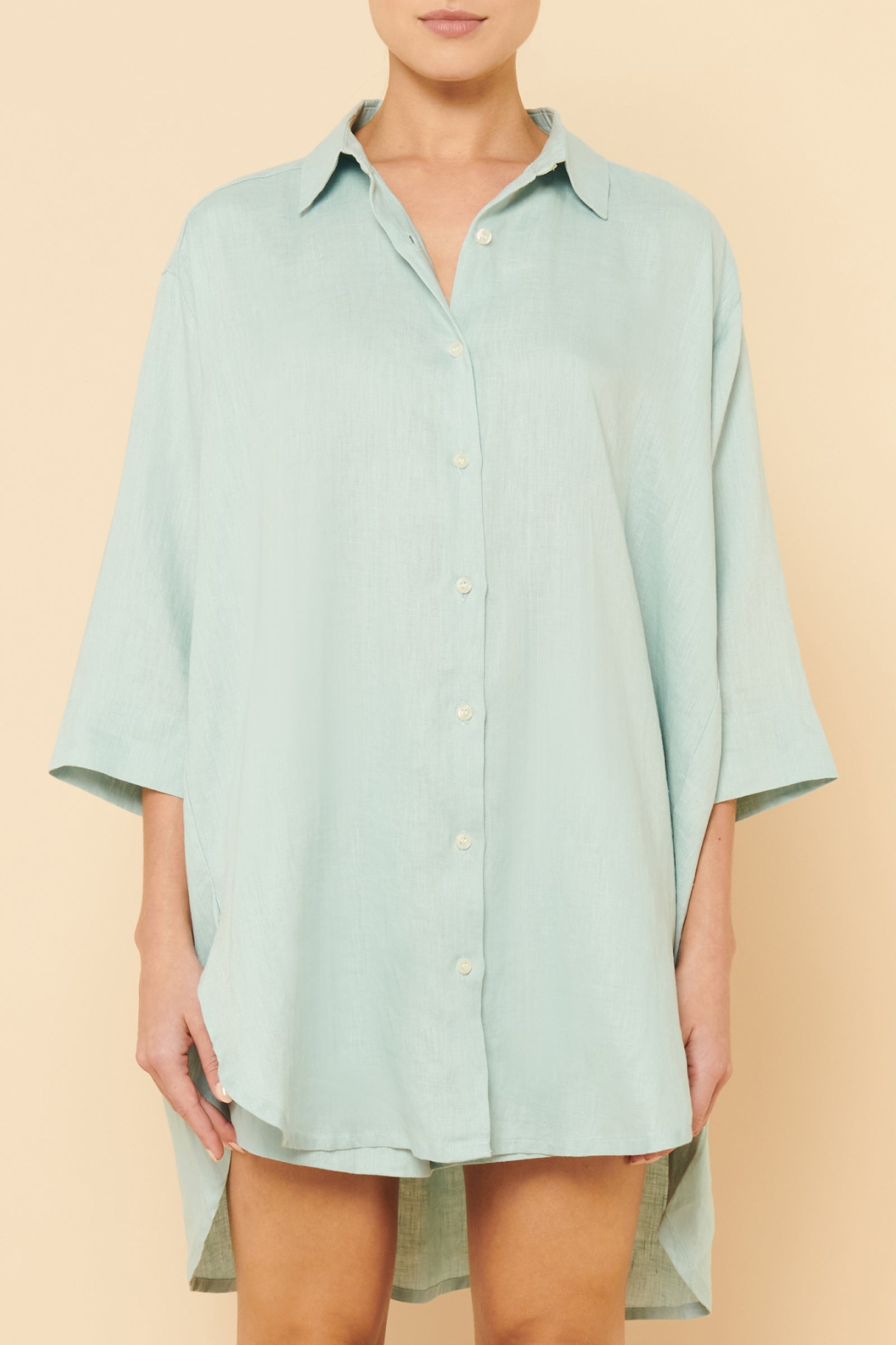 Nude Lucy Lounge Linen Longline Shirt In A Blue Lagoon Colour 