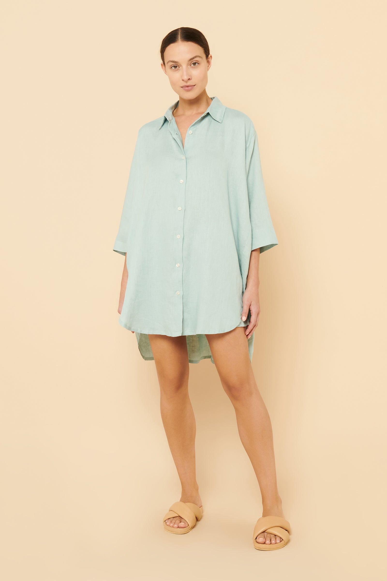 Nude Lucy Lounge Linen Longline Shirt In A Blue Lagoon Colour 