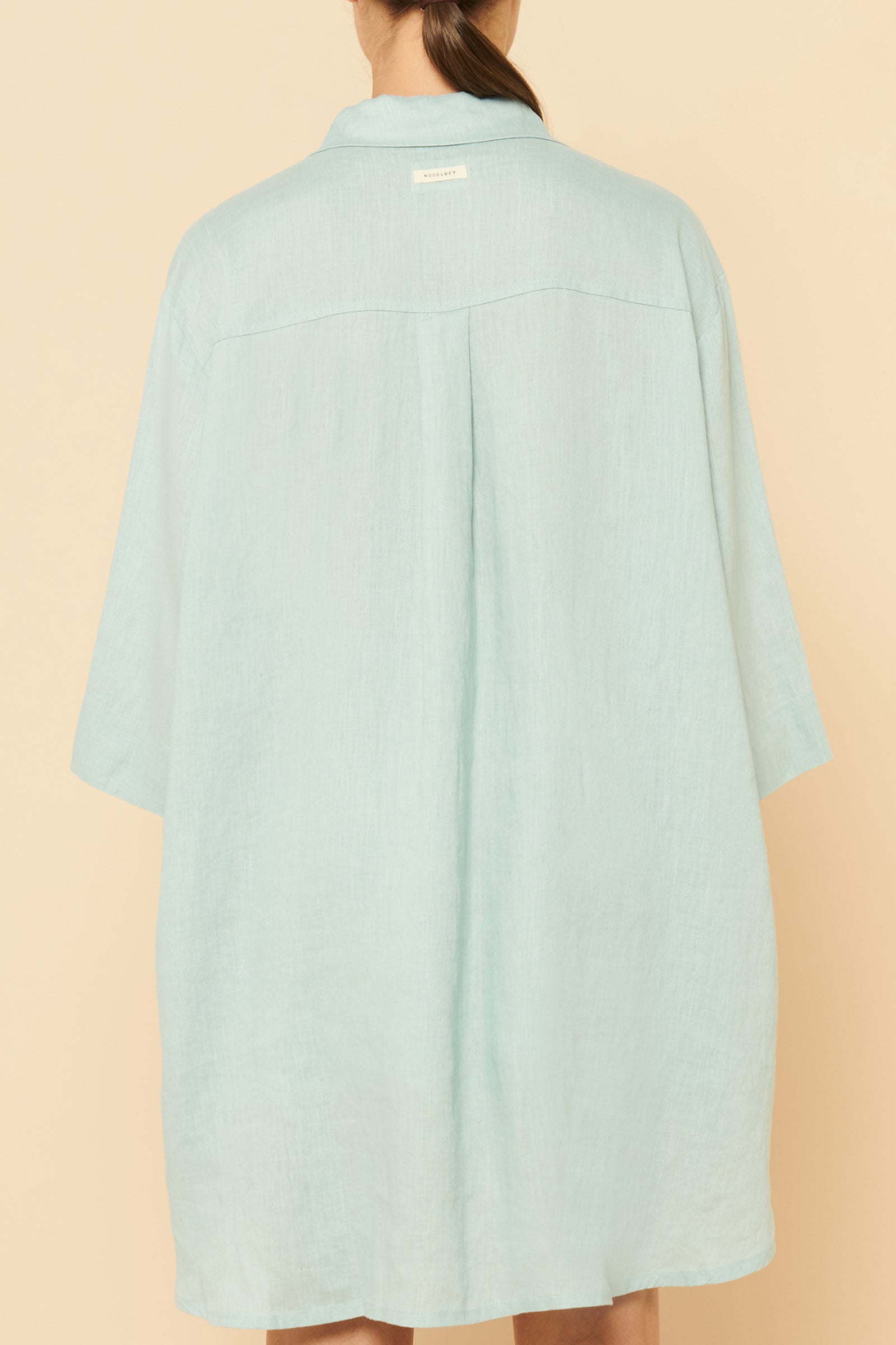 Nude Lucy Lounge Linen Longline Shirt In A Blue Lagoon Colour 