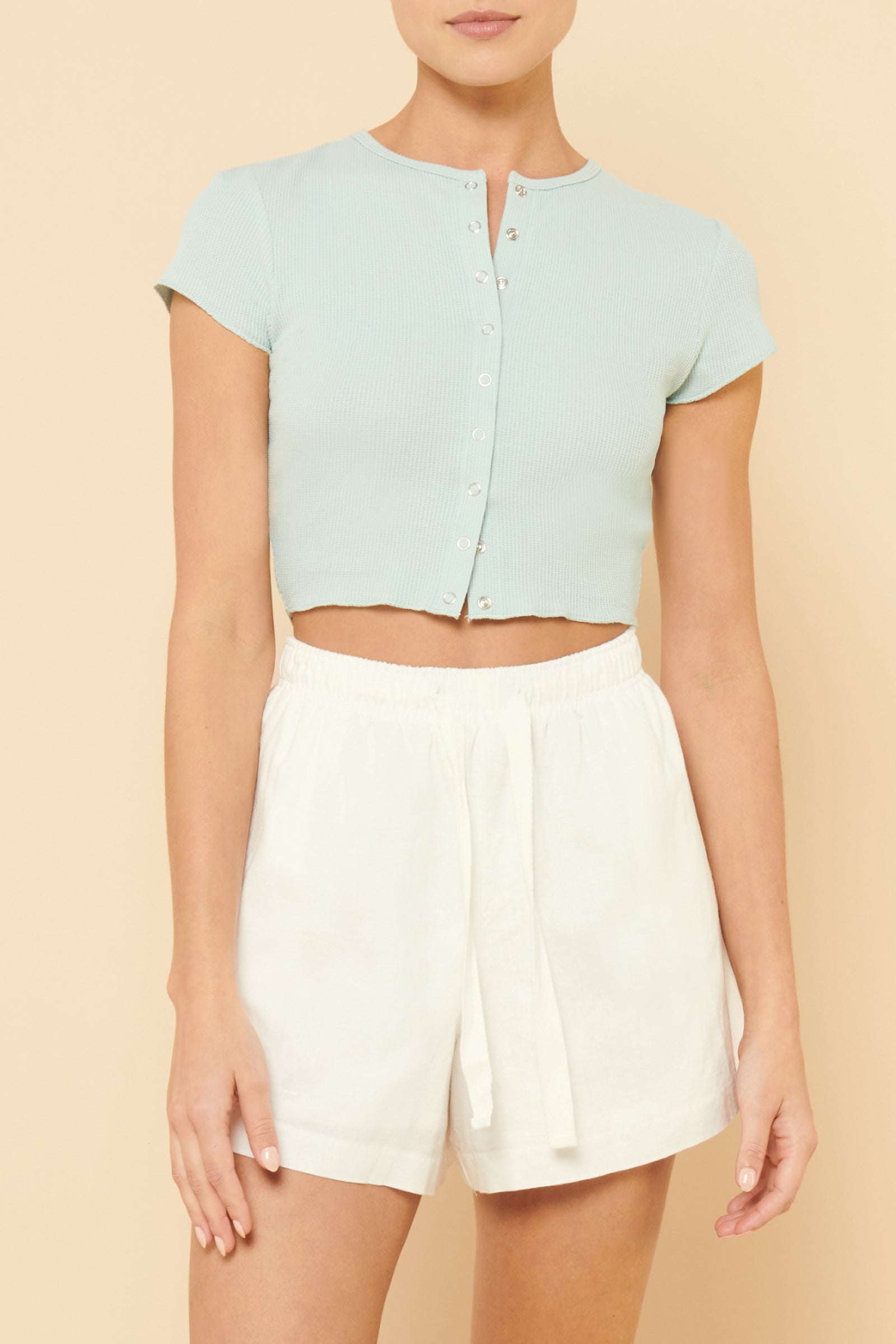 Nude Lucy Dylan Button Front Waffle Tee In a Blue Lagoon Colour