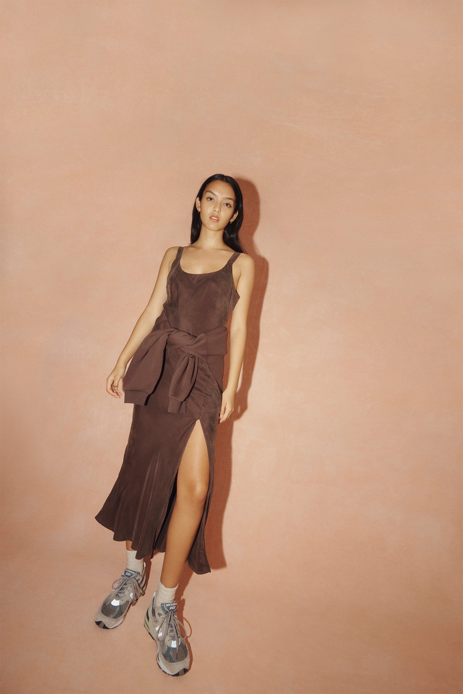 Nude Lucy Harlow Cupro Slip Dress In a Deep Brown Bark Colour 