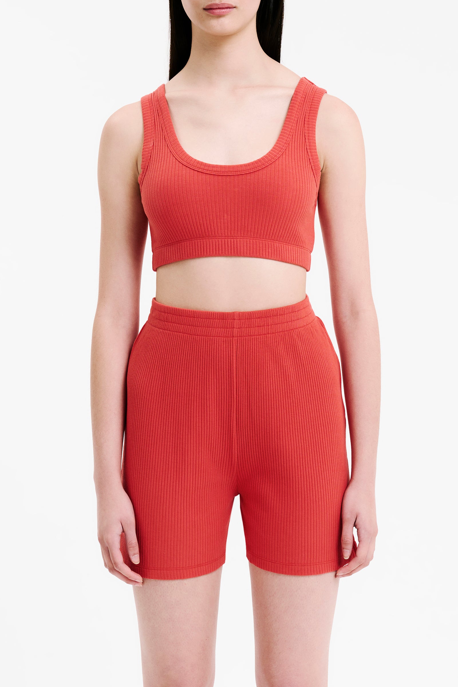 Nude Lucy Lounge Rib Crop In A Pink & Orange Toned Coral Colour 