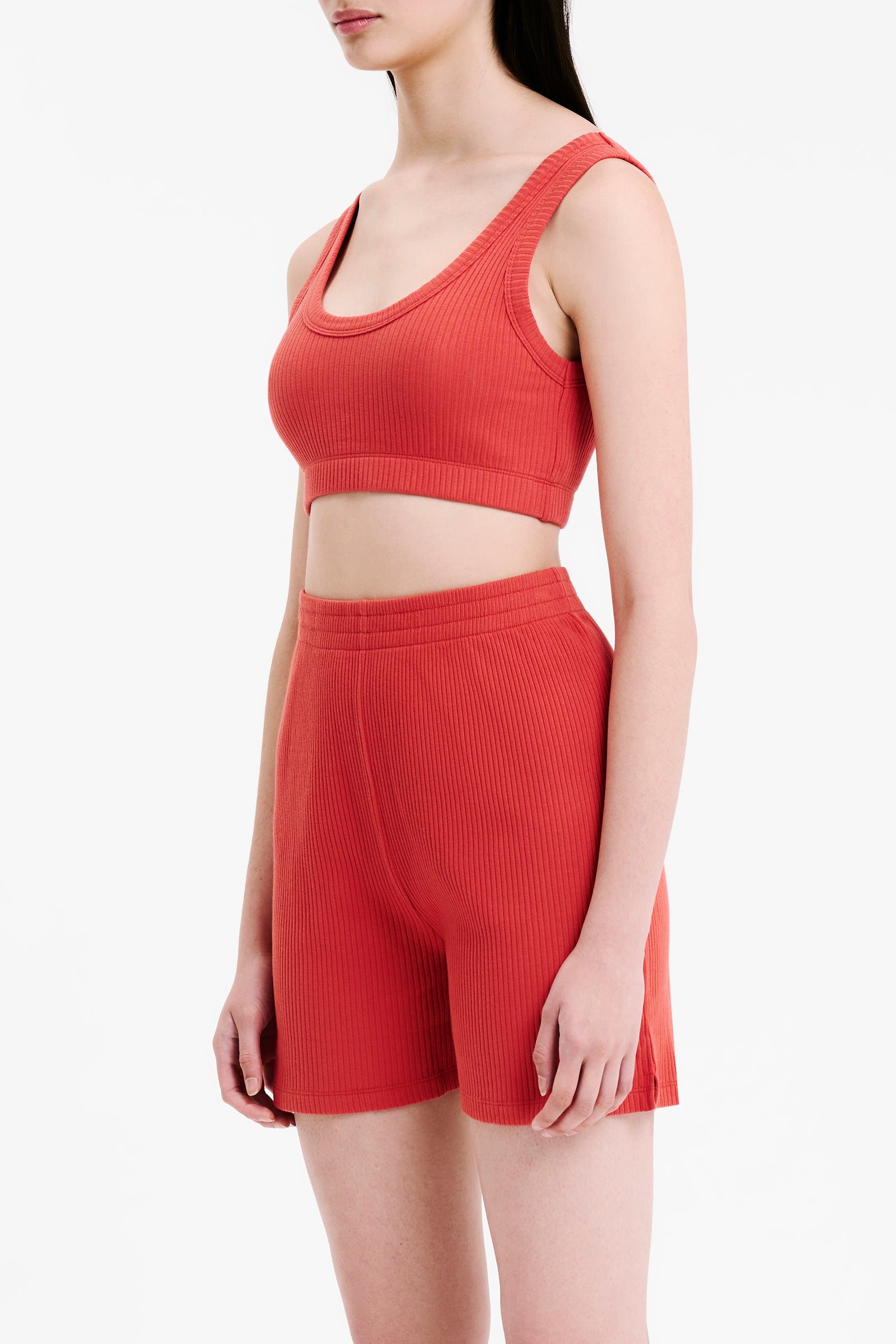 Nude Lucy Lounge Rib Crop In A Pink & Orange Toned Coral Colour 