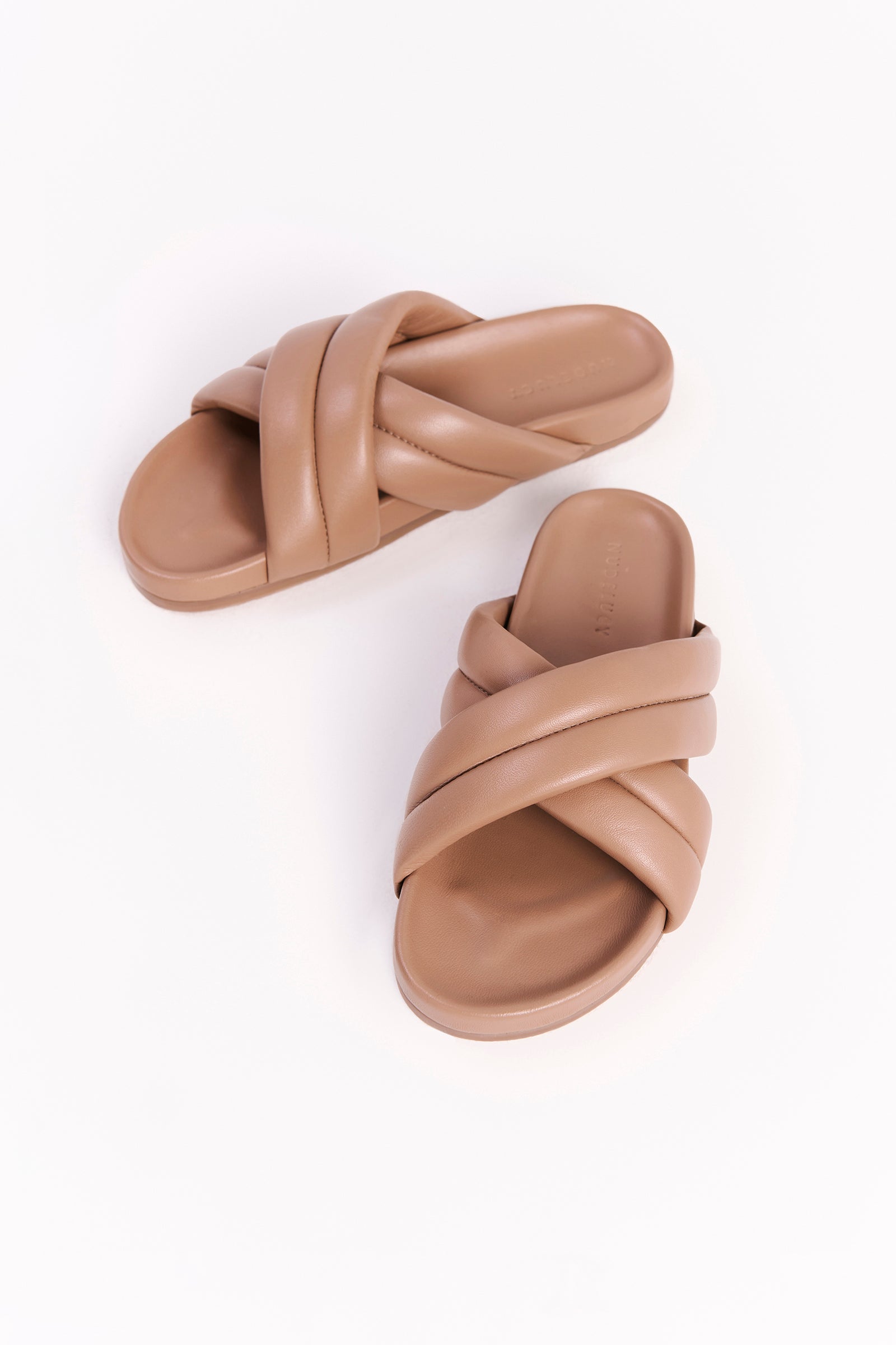 Nude Lucy Crossover Leather Slide In A Brown Sesame Colour 
