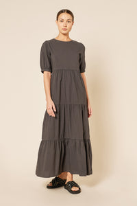 Nude Lucy Stella Poplin Maxi Dress in a Dark Grey In a Brown Coal Colour