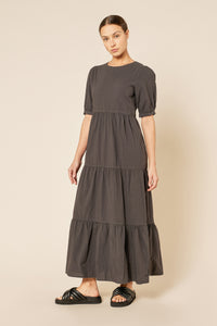 Nude Lucy Stella Poplin Maxi Dress in a Dark Grey In a Brown Coal Colour