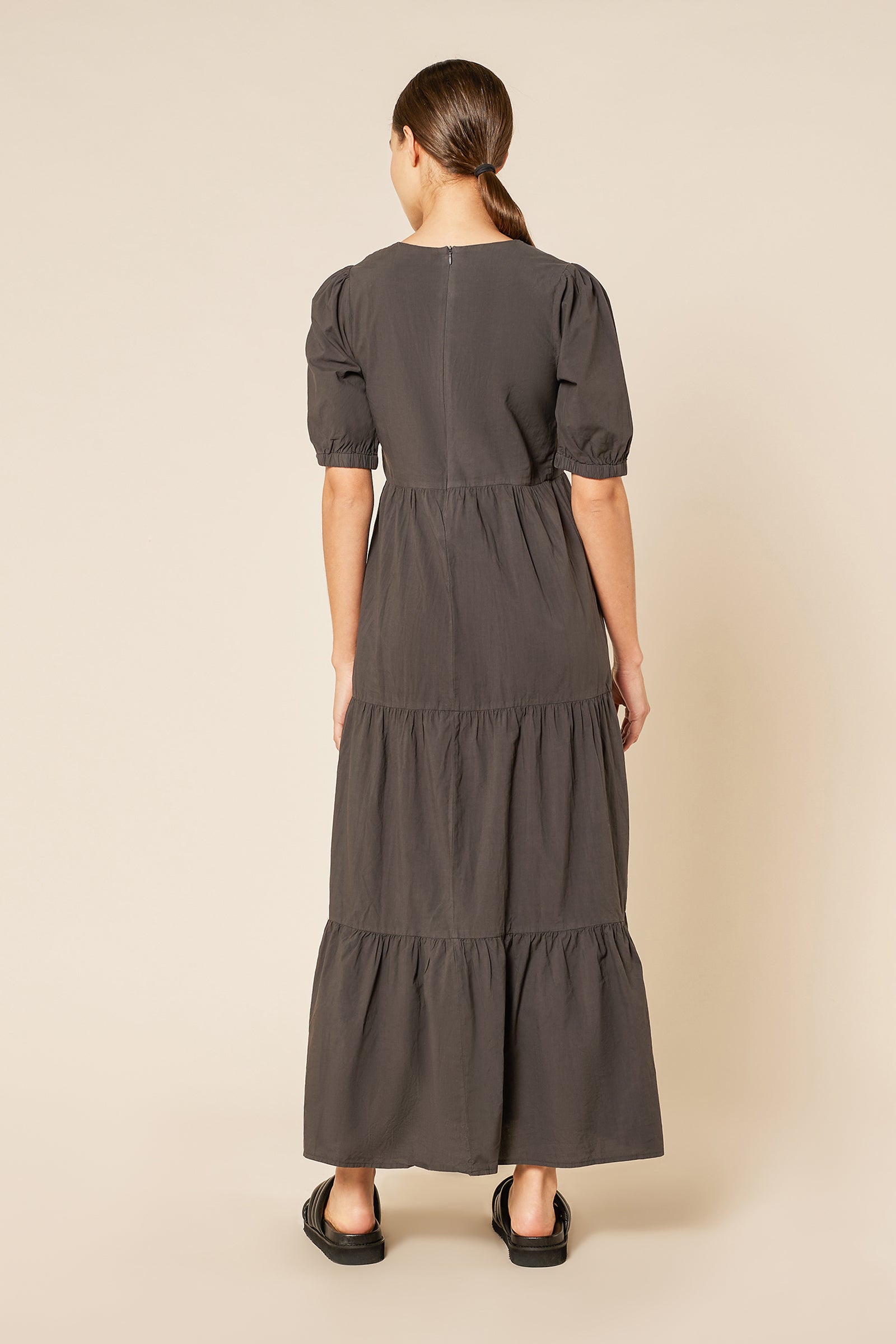 Nude Lucy Stella Poplin Maxi Dress In A Dark Grey In A Brown Coal Colour 