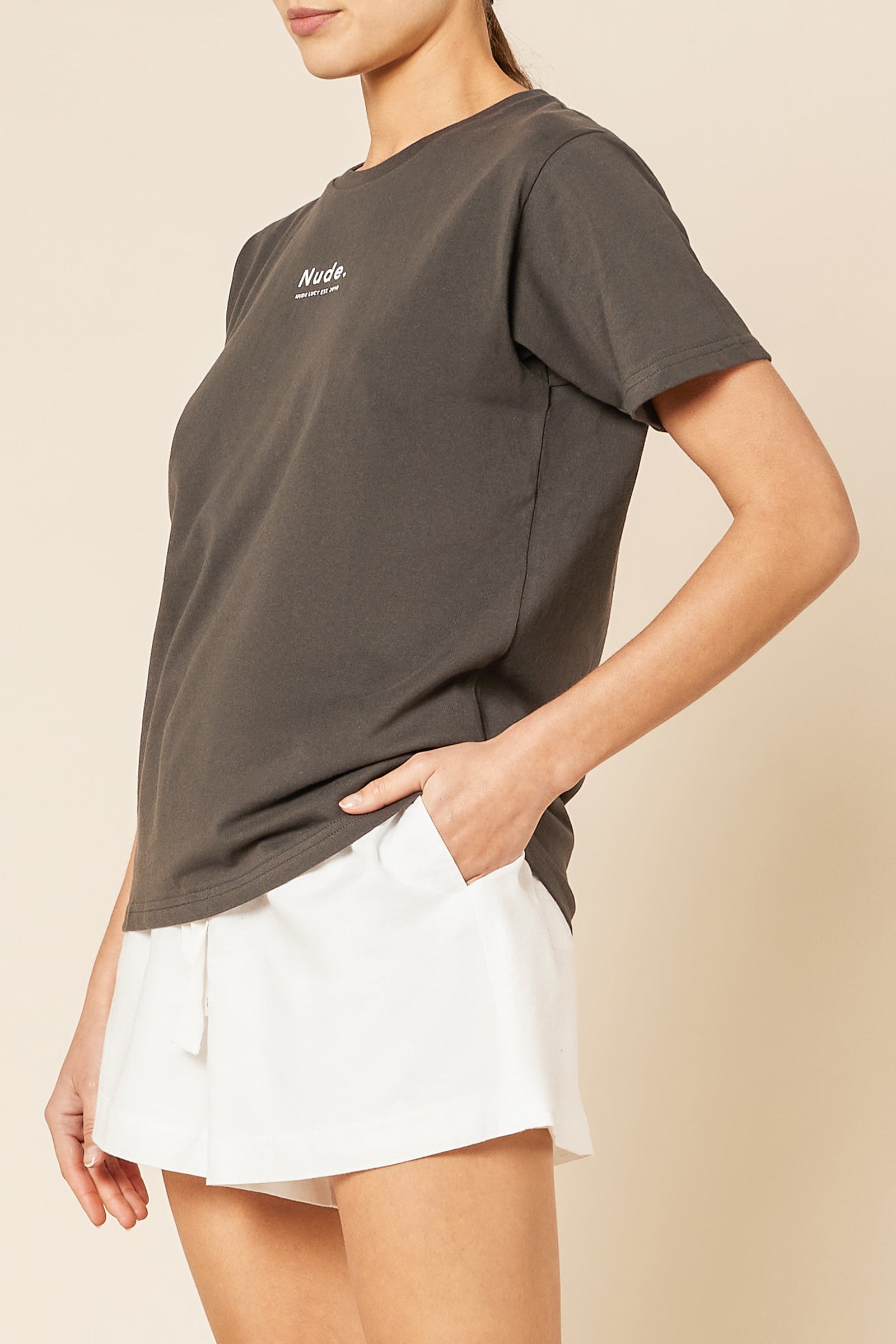 Nude Lucy Nude Organic Heritage Tee in a Dark Grey In a Brown Coal Colour