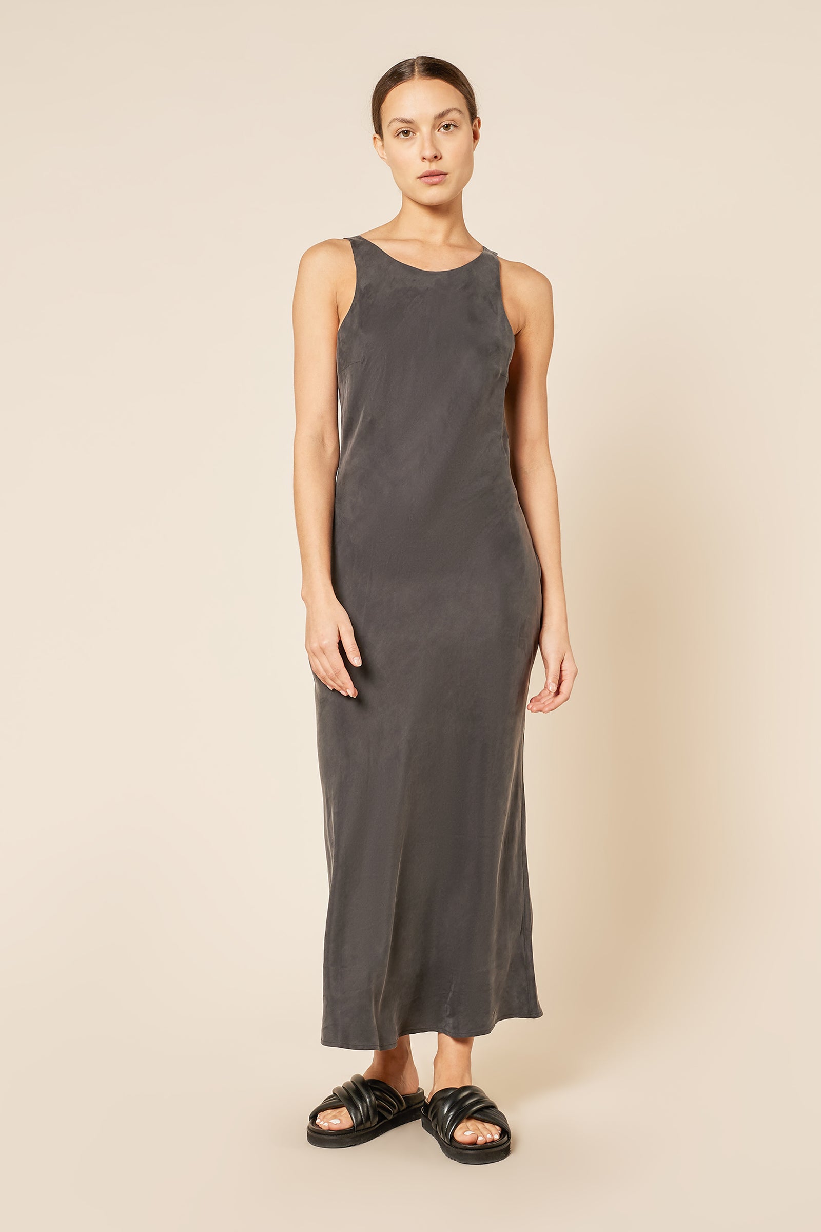 Nude Lucy Gia Cupro Dress In A Dark Grey In A Brown Coal Colour 