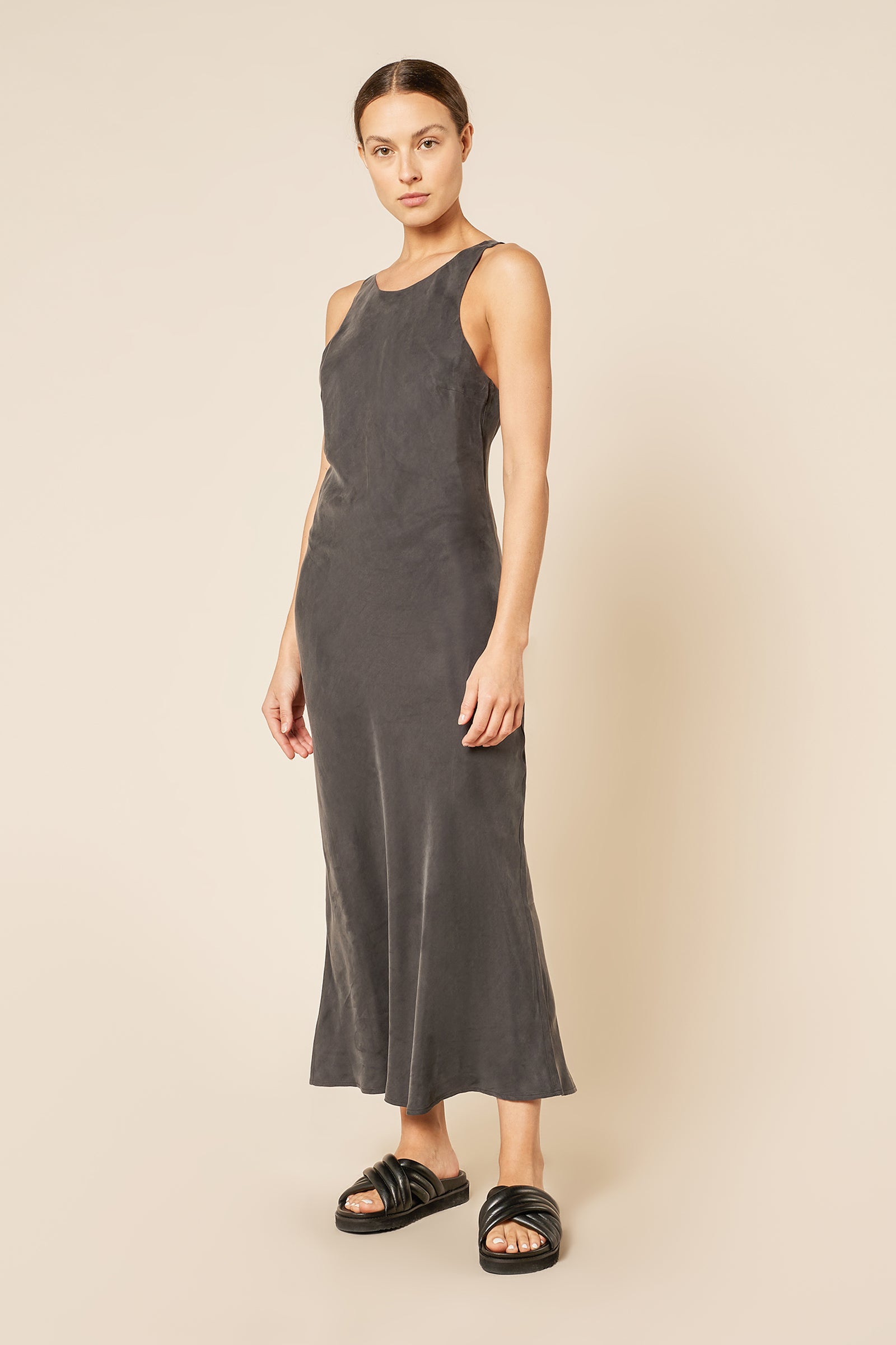 Nude Lucy Gia Cupro Dress In A Dark Grey In A Brown Coal Colour 