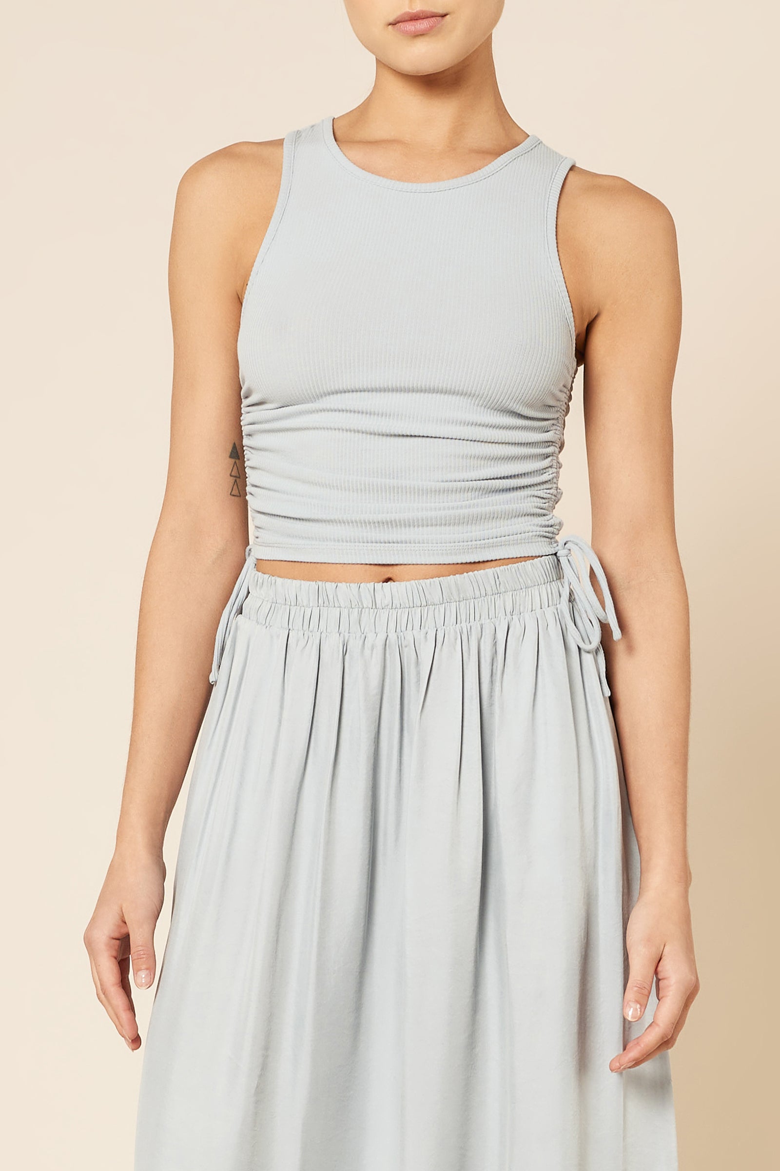 Nude Lucy Eve Organic Drawstring Tank in a Blue & Green Toned Bermuda Colour