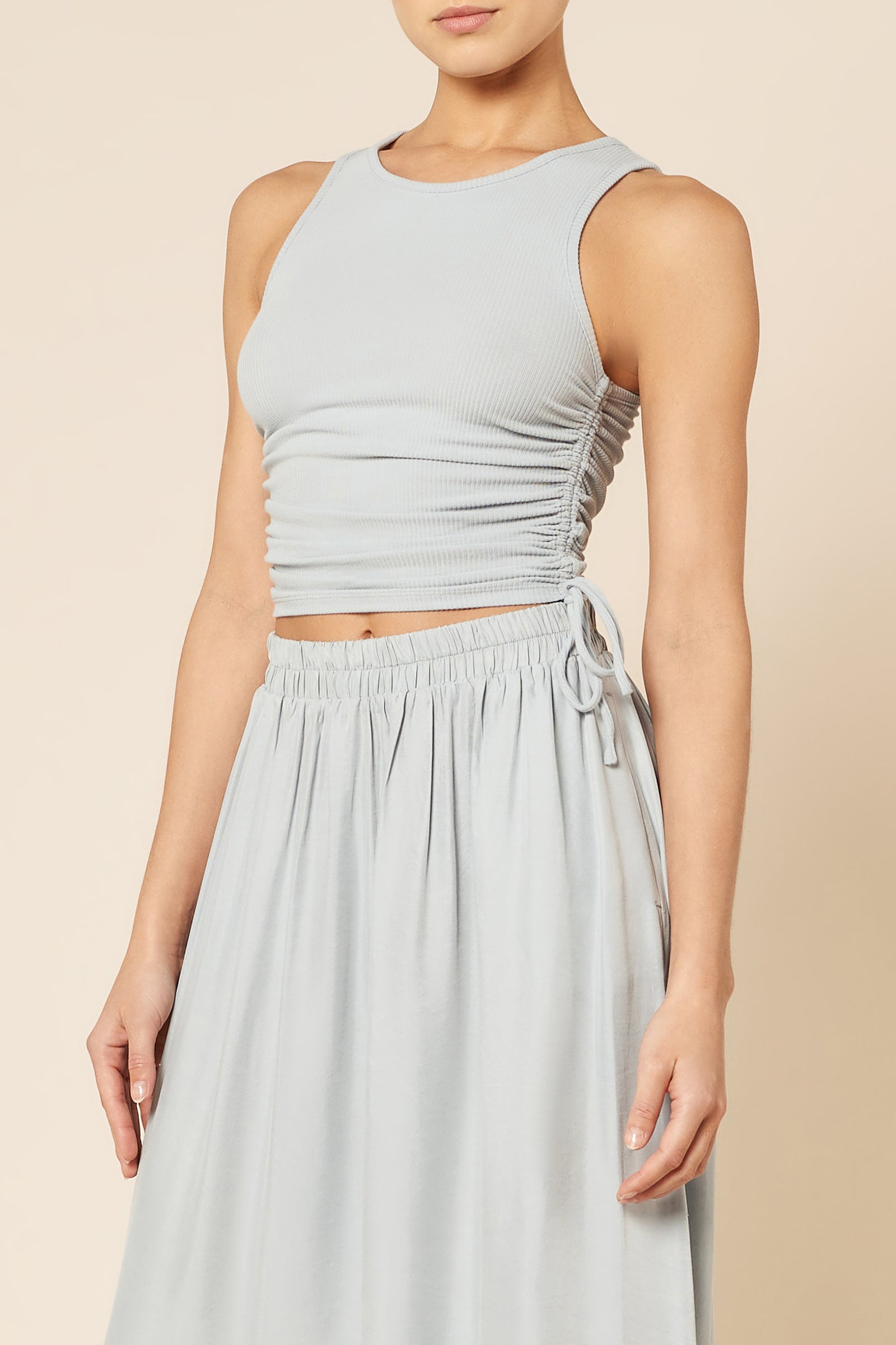 Nude Lucy Eve Organic Drawstring Tank in a Blue & Green Toned Bermuda Colour